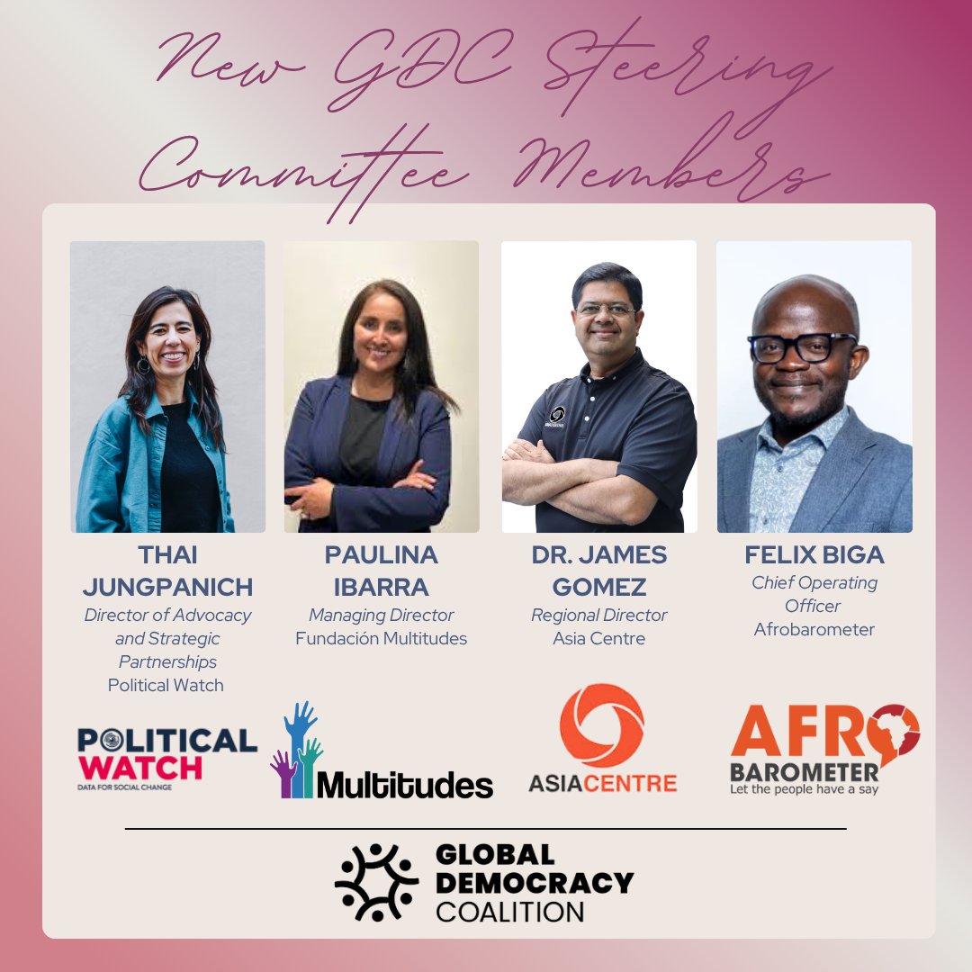 Global Democracy Coalition (@glodemcoalition) on Twitter photo We are pleased to announce the four newly elected organizations to the Global Democracy Coalition Steering Group following a coalition-wide vote: <a href="/_PoliticalWatch/">Political Watch</a>, <a href="/FMultitudes/">Fundación Multitudes</a>, <a href="/asiacentre_org/">Asia Centre</a>, and <a href="/afrobarometer/">Afrobarometer</a>. These organizations will bring critical regional expertise and We are pleased to announce the four newly elected organizations to the Global Democracy Coalition Steering Group following a coalition-wide vote: <a href="/_PoliticalWatch/">Political Watch</a>, <a href="/FMultitudes/">Fundación Multitudes</a>, <a href="/asiacentre_org/">Asia Centre</a>, and <a href="/afrobarometer/">Afrobarometer</a>. These organizations will bring critical regional expertise and
