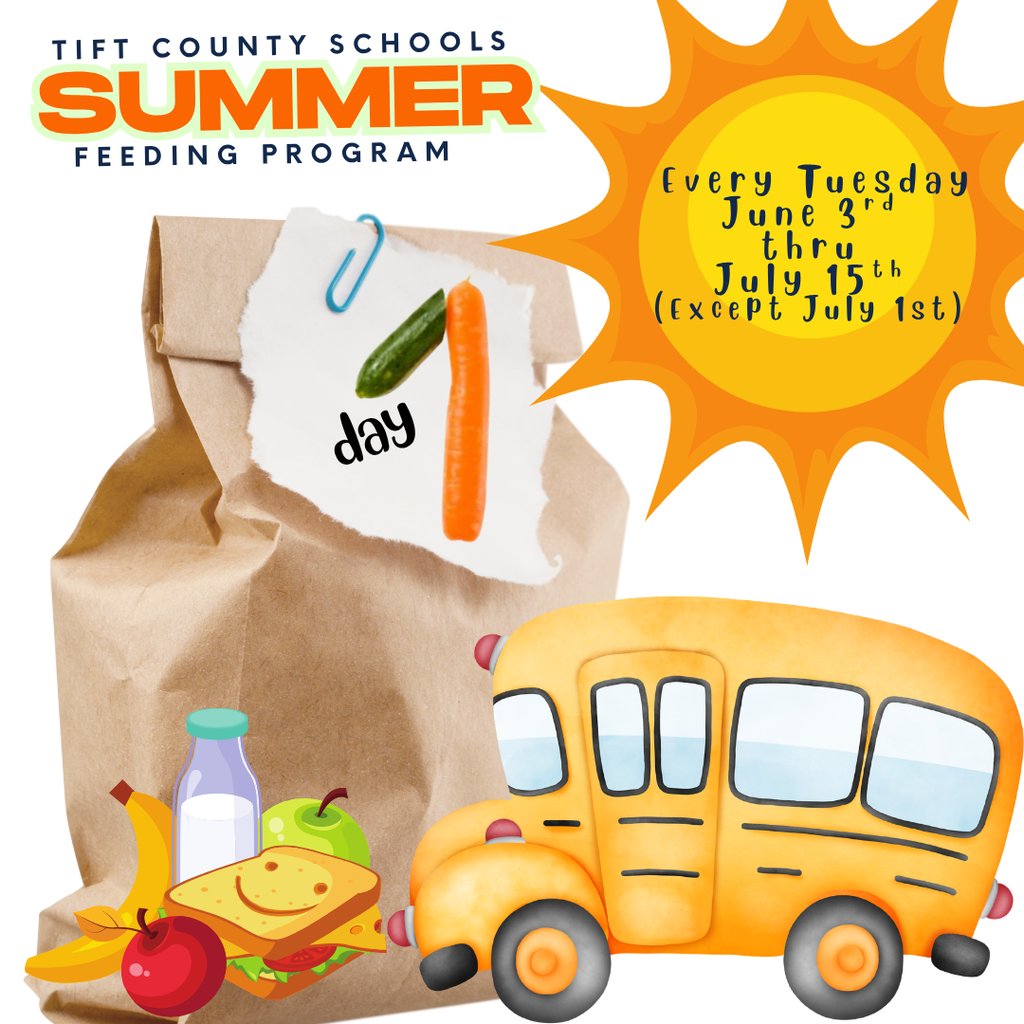 📅 1 Day to Go!
TOMORROW is the day! 🙌
Tift County’s Summer Feeding Program begins June 3!
📍 Meal bags at drive-up/walk-up locations or bus routes
Don’t miss out!
Details: tiftschools.com/page/summer-fe…
#4theT