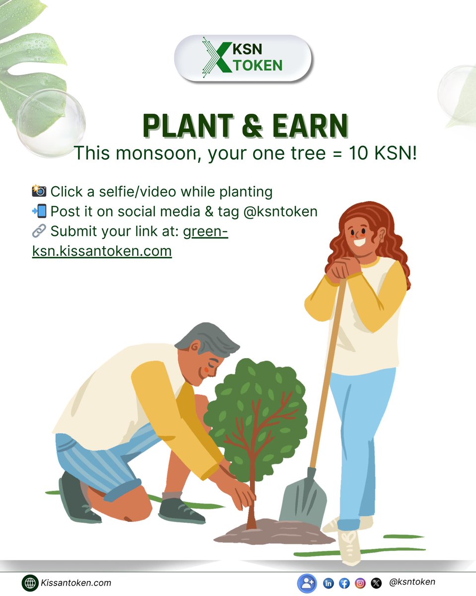 KSN Token (@ksntoken) on Twitter photo ๐ง๏ธ๐ฑ ๐๐ฅ๐๐ง๐ญ ๐ ๐๐ซ๐๐. ๐๐๐ซ๐ง ๐๐๐ ๐๐จ๐ค๐๐ง๐ฌ! ๐ฐ๐ฟ
This monsoon, your one tree = 10 $KSN!
๐ธ Click a selfie/video while planting
๐ฒ Post it on social media & tag <a href="/ksntoken/">KSN Token</a>
๐ Submit your link at: green-ksn.kissantoken.com
๐ ๐๐จ๐ซ๐ ๐๐ซ๐๐๐ฌ = ๐๐จ๐ซ๐ ๐ง๏ธ๐ฑ ๐๐ฅ๐๐ง๐ญ ๐ ๐๐ซ๐๐. ๐๐๐ซ๐ง ๐๐๐ ๐๐จ๐ค๐๐ง๐ฌ! ๐ฐ๐ฟ
This monsoon, your one tree = 10 $KSN!
๐ธ Click a selfie/video while planting
๐ฒ Post it on social media & tag <a href="/ksntoken/">KSN Token</a>
๐ Submit your link at: green-ksn.kissantoken.com
๐ ๐๐จ๐ซ๐ ๐๐ซ๐๐๐ฌ = ๐๐จ๐ซ๐