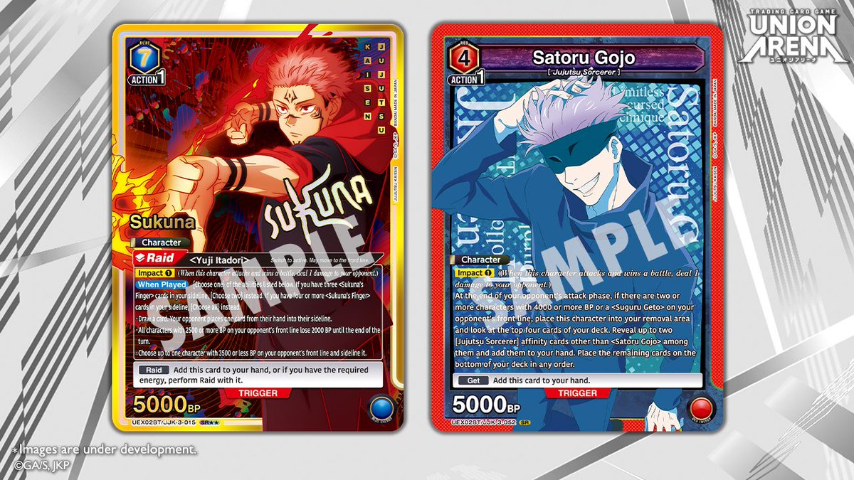 Card Reveals] Check out these cards in the JUJUTSU KAISEN Vol.2 [UEX02BT] Booster  Pack, coming Jun. 27!   Sukuna - SR  Satoru Gojo - SR Product details  here!  https://t.co/uUsO9gIdaJ #UNIONARENA_EN #JujutsuKaisen