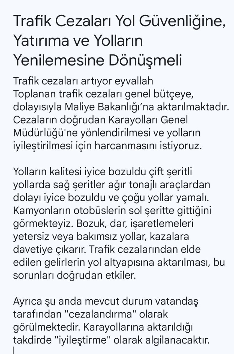 Kemal Davutoğlu (@kemaldavutoglu) on Twitter photo Artan trafik cezalarının maliye bakanlığına değil karayollarına aktarılmasını ve yolların iyileştirilmesini istiyoruz.
<a href="/RTErdogan/">Recep Tayyip Erdoğan</a>
<a href="/tcbestepe/">T.C. Cumhurbaşkanlığı</a>
<a href="/Akparti/">AK Parti</a>
<a href="/herkesicinCHP/">CHP 🇹🇷</a>
<a href="/MHP_Bilgi/">MHP</a>
<a href="/iyiparti/">İYİ Parti</a>
<a href="/a_uraloglu/">Abdulkadir URALOĞLU</a>
<a href="/KarayollariGM/">Karayolları Genel Müdürlüğü</a> Artan trafik cezalarının maliye bakanlığına değil karayollarına aktarılmasını ve yolların iyileştirilmesini istiyoruz.
<a href="/RTErdogan/">Recep Tayyip Erdoğan</a>
<a href="/tcbestepe/">T.C. Cumhurbaşkanlığı</a>
<a href="/Akparti/">AK Parti</a>
<a href="/herkesicinCHP/">CHP 🇹🇷</a>
<a href="/MHP_Bilgi/">MHP</a>
<a href="/iyiparti/">İYİ Parti</a>
<a href="/a_uraloglu/">Abdulkadir URALOĞLU</a>
<a href="/KarayollariGM/">Karayolları Genel Müdürlüğü</a>