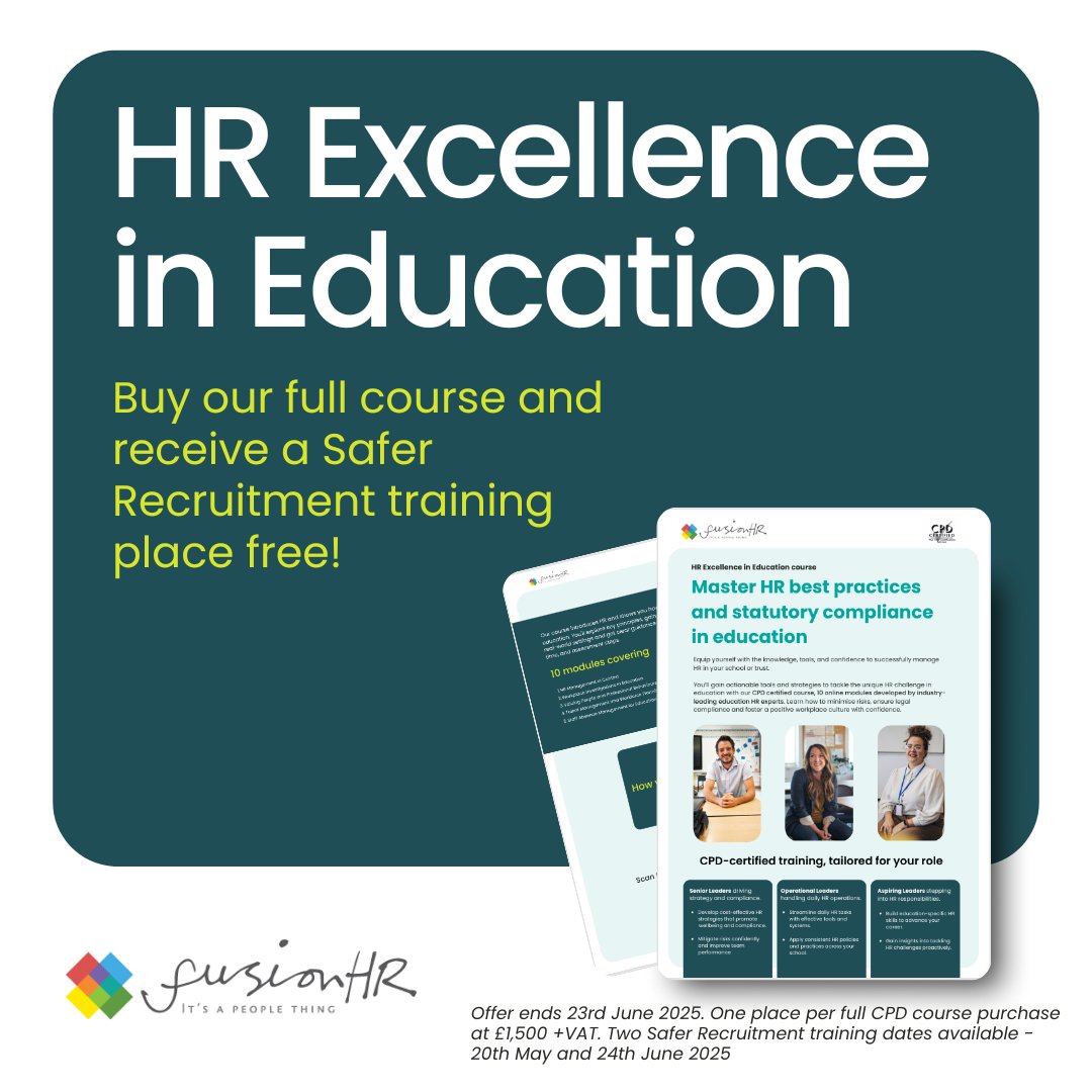 To celebrate our new Safer Recruitment CPD module, we are offering a free Accredited Safer Recruitment training place with every purchase of our full CPD Certified: HR Excellence in Education course!

Shop to receive your free training worth over £120: hubs.li/Q03pvy-G0