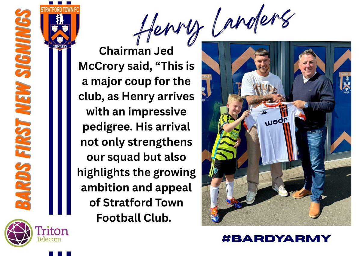 WOW!
Stratford Town FC are thrilled to announce the signing of Henry Landers, a standout talent from the National League North, who has agreed to join the Bardy Army! Read what Henry and the Chairman have to say on the club website. Welcome to the Bards Henry. #COYB