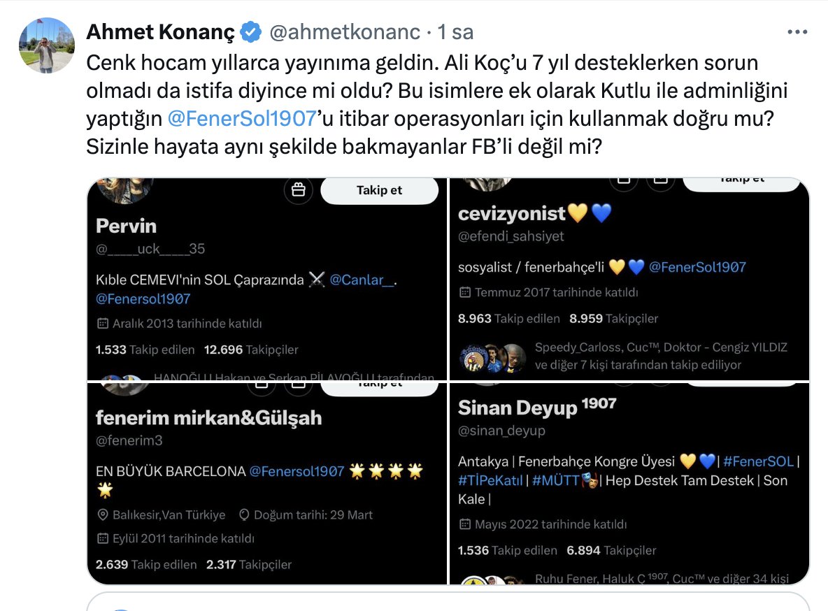 Ahmet Konanç adlı unsur bize çemkirmiş. 
Komedi dünyasına pek bulaşmıyoruz. 
Ama yanıt verelim.
1. Erol Bulut'tan itibaren gelen tüm Fenerbahçe teknik direktörlerine sallamışsın. Yani her biri için yapılan itibar süikastlerinde sen de çorbaya tuz alıp koşmuşsun.
2. Biz sana niye