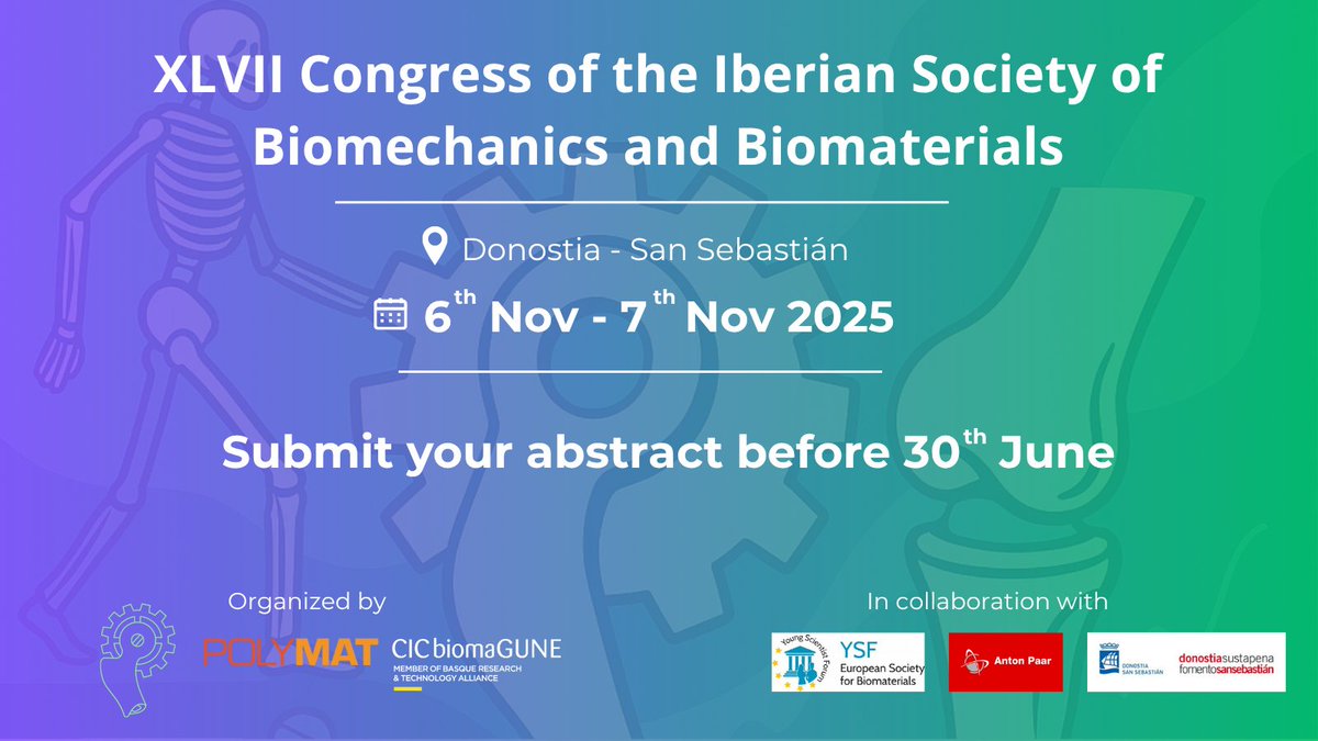 📢 The 47th Edition of the Congress of the Iberian Society of Biomechanics and Biomaterials is coming to San Sebastian!

📅 Dates: November 6–7
⭐ The call for abstracts is now open! 
💡 To register, visit: lnkd.in/dzChnyZQ