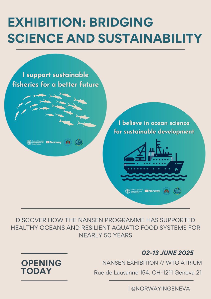 NorwayInGeneva's tweet photo. 🎉Opening today at the WTO Atrium!
Experience the Nansen Exhibition, on display from 2 to 13 June. Discover how the Nansen Programme has supported healthy oceans and resilient aquatic food systems for nearly 50 years.🌍
#NansenProgramme #HealthyOceans #FAO #WTO #BlueEconomy https://t.co/eIPZC8LuuR