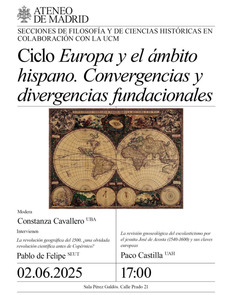 Arranca la semana con el Ciclo Europa y el ámbito hispano. Convergencias y divergencias fundacionales. Abrirán el diálogo Constanza Cavallero, Pablo de Felipe y Paco Castilla. Os esperamos esta tarde a las 17h en el <a href="/ateneodemadrid/">Ateneo de Madrid</a>.