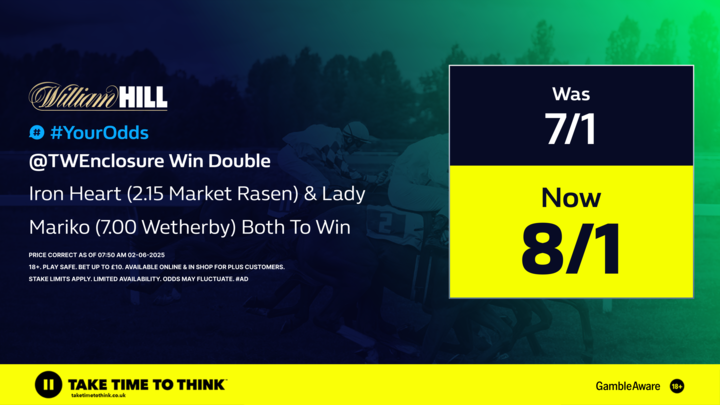 THE MONDAY WIN DOUBLE 🐴🐴

YESTERDAY'S LANDED AT 10/1 🔥

TODAY'S IS BOOSTED TO 8/1 🚀

Boosted with #WilliamHill HERE --&gt; twebet.link/WinDouble020625

AD | 18+ | GambleAware.org | Always Gamble Responsibly | Play Safe