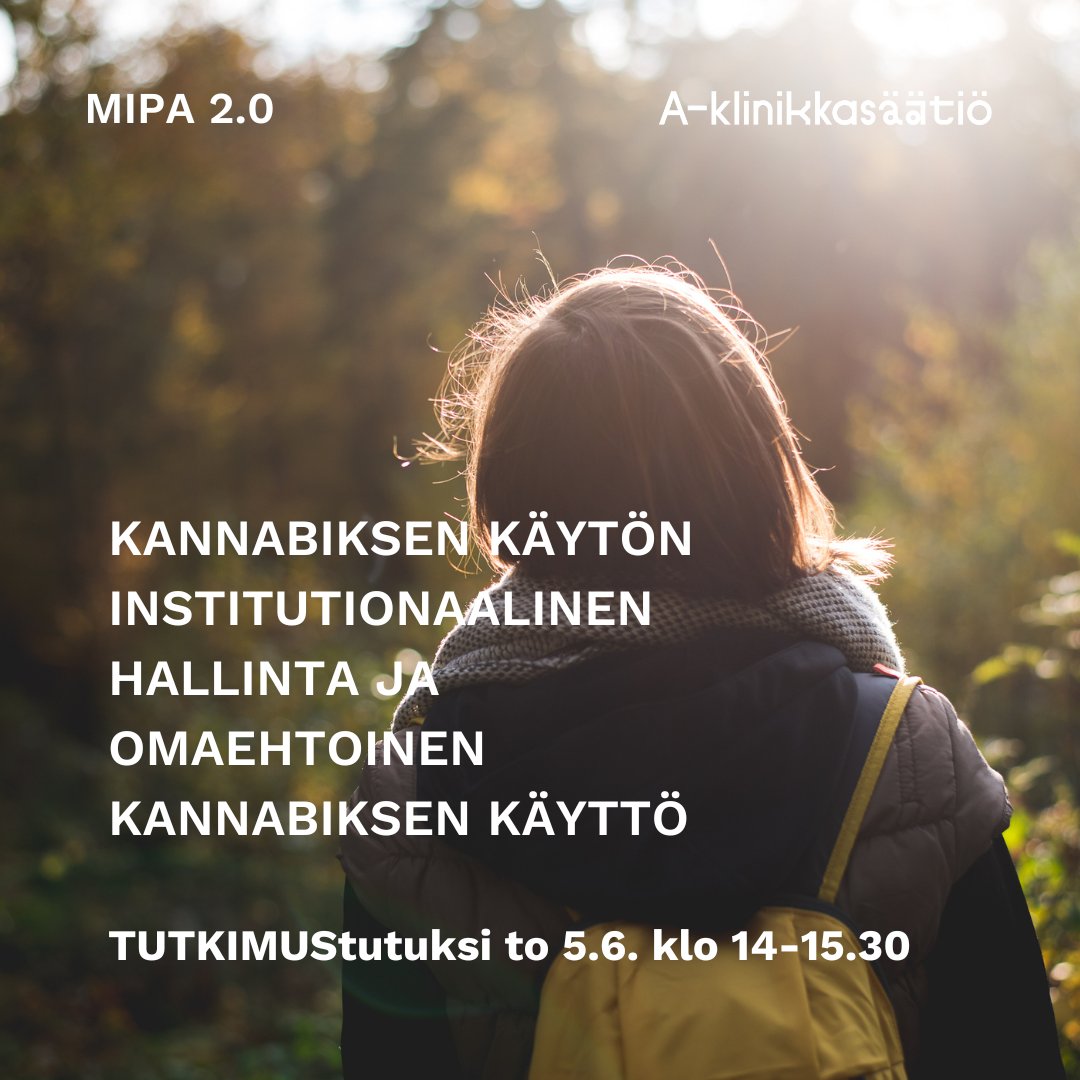 Vielä ehdit ilmoittautua TUTKIMUStutuksi-tapaamiseen to 5.6. klo 12.30-14 (Teams). Eve Orhanli kertoo väitöskirjansa pohjalta omaehtoisesta kannabiksen käytöstä ja siihen kohdistuvasta institutionaalisesta  kontrollista. 
Ilmoittaudu viim. keskiviikkona: link.webropolsurveys.com/S/A22F81843698…