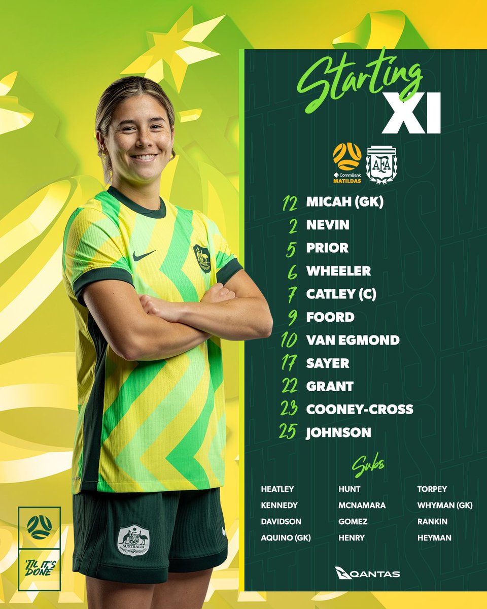 STARTING XI 🗒

Here's how we line up for our game against Argentina at GIO Stadium 👊
🔄 We make 6 changes from Friday night’s squad

#Matildas #VisitCanberra