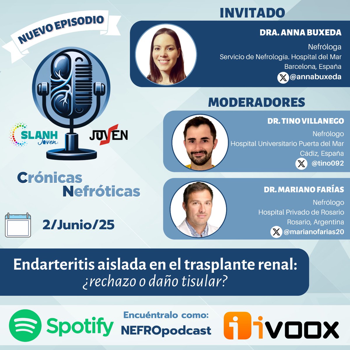 🎧¡Nuevo episodio de #CrónicasNefróticas recién publicado!
Endarteritis aislada en el #trasplante renal: ¿rechazo o daño tisular?
🎧Entra en la playlist de #Nefropodcast en <a href="/ivoox/">iVoox</a>  o <a href="/SpotifySpain/">Spotify Spain</a> y no te pierdas el análisis de <a href="/annabuxeda/">Anna Buxeda</a> <a href="/tino092/">Tino Villanego</a> y <a href="/marianofarias20/">Mariano R Farias</a> <a href="/SLANHJoven/">SLANH Joven</a>