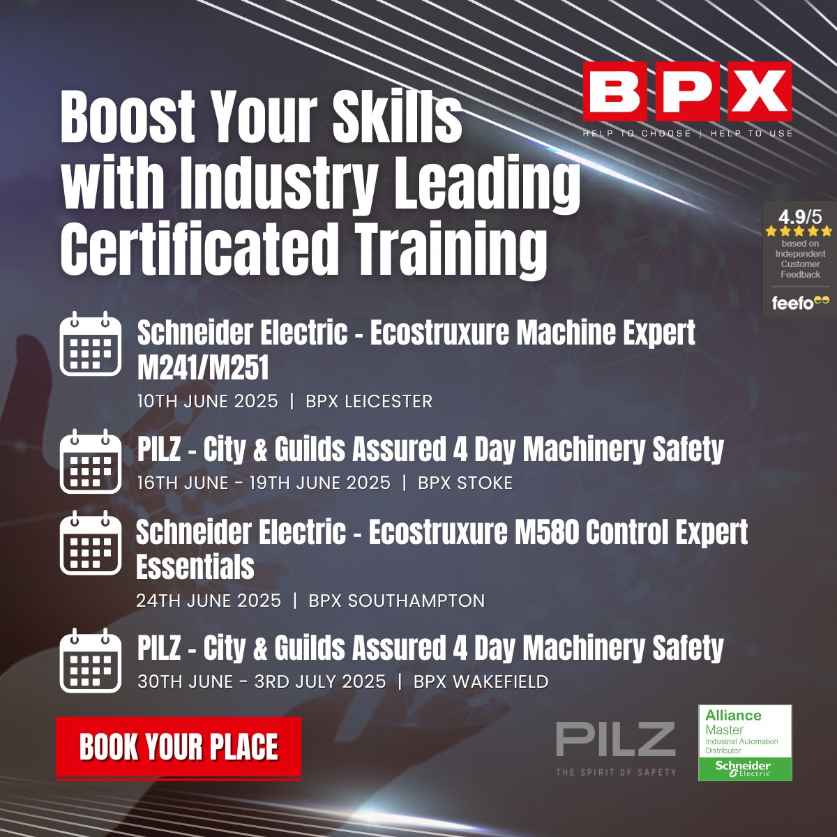 Ready to level up your automation skills? Our June BPX training courses are here!

Join us for expert-led sessions on Schneider Electric and Pilz to gain hands-on knowledge, boosting your expertise. 

Secure your spot today >> goto.bpx.co.uk/VaGdf11