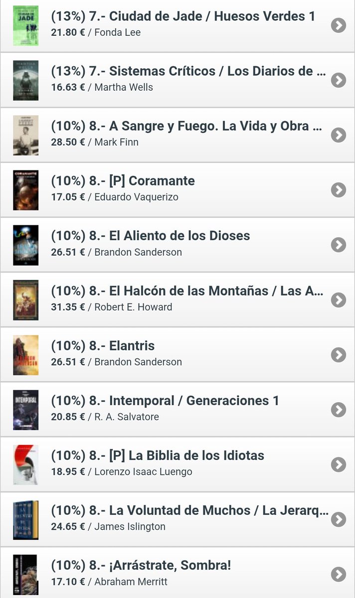 Librería Cyberdark (@cyberdark) on Twitter photo Os presentamos el Top de ventas de mayo en #Cyberdark
🥇El tigre y el lobo, de <a href="/aptshadow/">Adrian Tchaikovsky</a> (<a href="/AlamutEdiciones/">Alamut Bibliópolis</a>)
🥈Los Diablos, de <a href="/LordGrimdark/">Joe Abercrombie</a>
(<a href="/LeeRunas/">Lee Runas</a>)
🥉Aprendiz de asesino, de <a href="/robinhobb/">Robin Hobb</a>
(<a href="/NocturnaEd/">Nocturna</a>)
🥉Las aventuras del Borak 2, de R. E. Howard
(<a href="/BarsoomRevista/">Revista Barsoom</a>) Os presentamos el Top de ventas de mayo en #Cyberdark
🥇El tigre y el lobo, de <a href="/aptshadow/">Adrian Tchaikovsky</a> (<a href="/AlamutEdiciones/">Alamut Bibliópolis</a>)
🥈Los Diablos, de <a href="/LordGrimdark/">Joe Abercrombie</a>
(<a href="/LeeRunas/">Lee Runas</a>)
🥉Aprendiz de asesino, de <a href="/robinhobb/">Robin Hobb</a>
(<a href="/NocturnaEd/">Nocturna</a>)
🥉Las aventuras del Borak 2, de R. E. Howard
(<a href="/BarsoomRevista/">Revista Barsoom</a>)