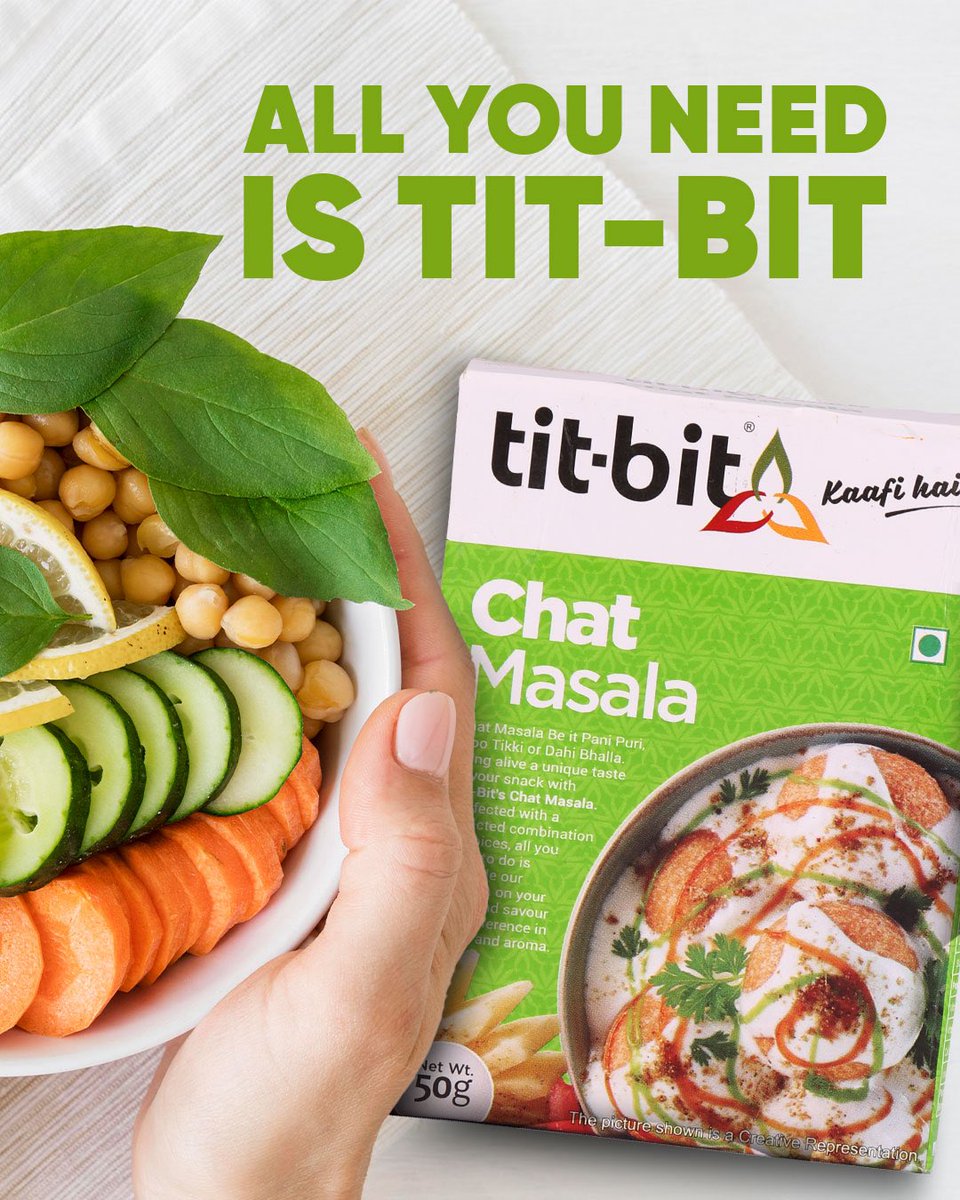 TitbitSpices's tweet photo. Who said diet ka khana fikka hona chahiye? Thoda Tit-Bit ka Chat Masala add karke toh dekho, majha hi aa jayega! 

#TitBitSpices #TitBit #KaafiHai #chatmasala #dietfood #healthyfood #spicytwist #chatpatatwist #lowcaloriesnack #flavorfulfood #indianmasala #weightlossrecipes https://t.co/b0YLrpVE8r