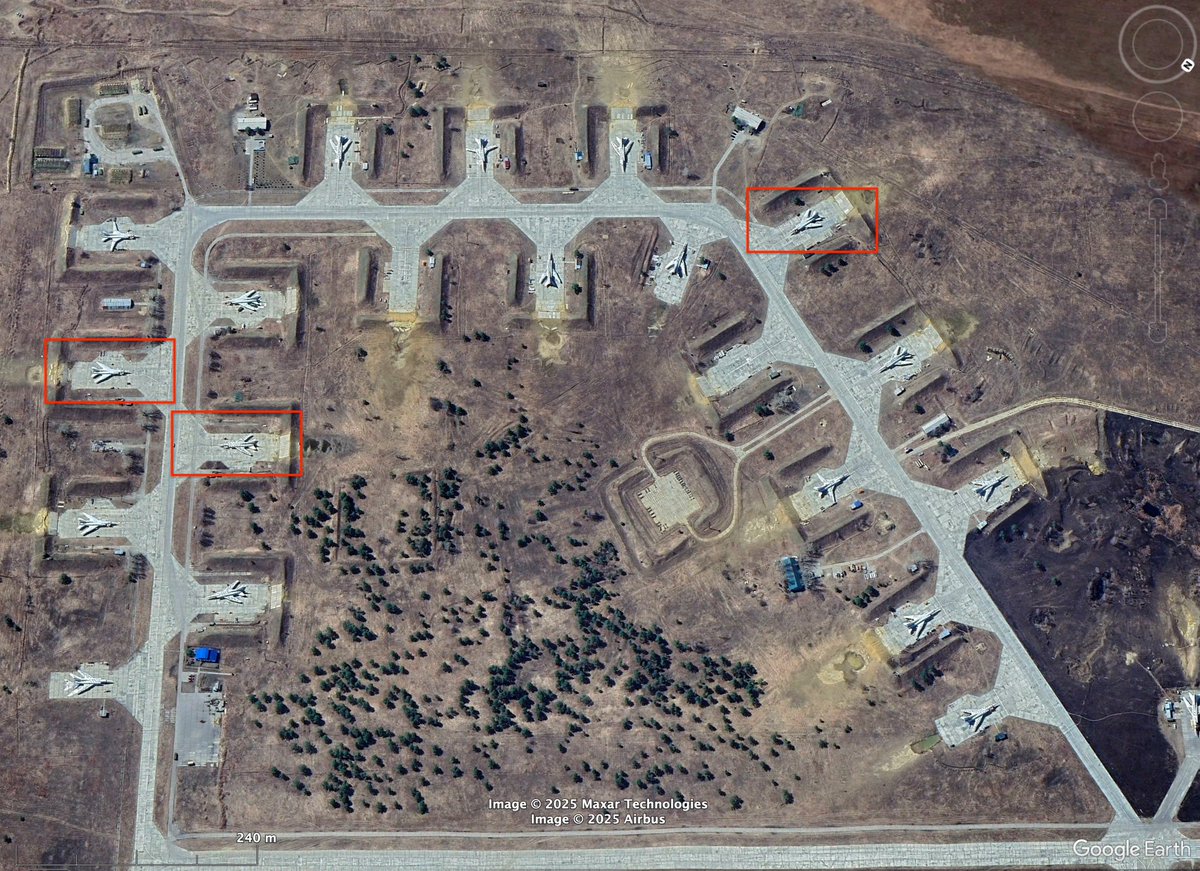 Tendar's tweet photo. The first radar pictures released by @CSBiggers and @umbraspace of the Russian Belaya Air Base near Irkutsk have been released. They show the following result:

- Three destroyed Tu-95
- One possible damaged Tu-95
- One destroyed Tu-22M3
- Three destroyed probably Tu-22M3

Russia had (by the end of 2023) 56 active airframes of the Tu-22M3 and 47 active airframes of the Tu-95.