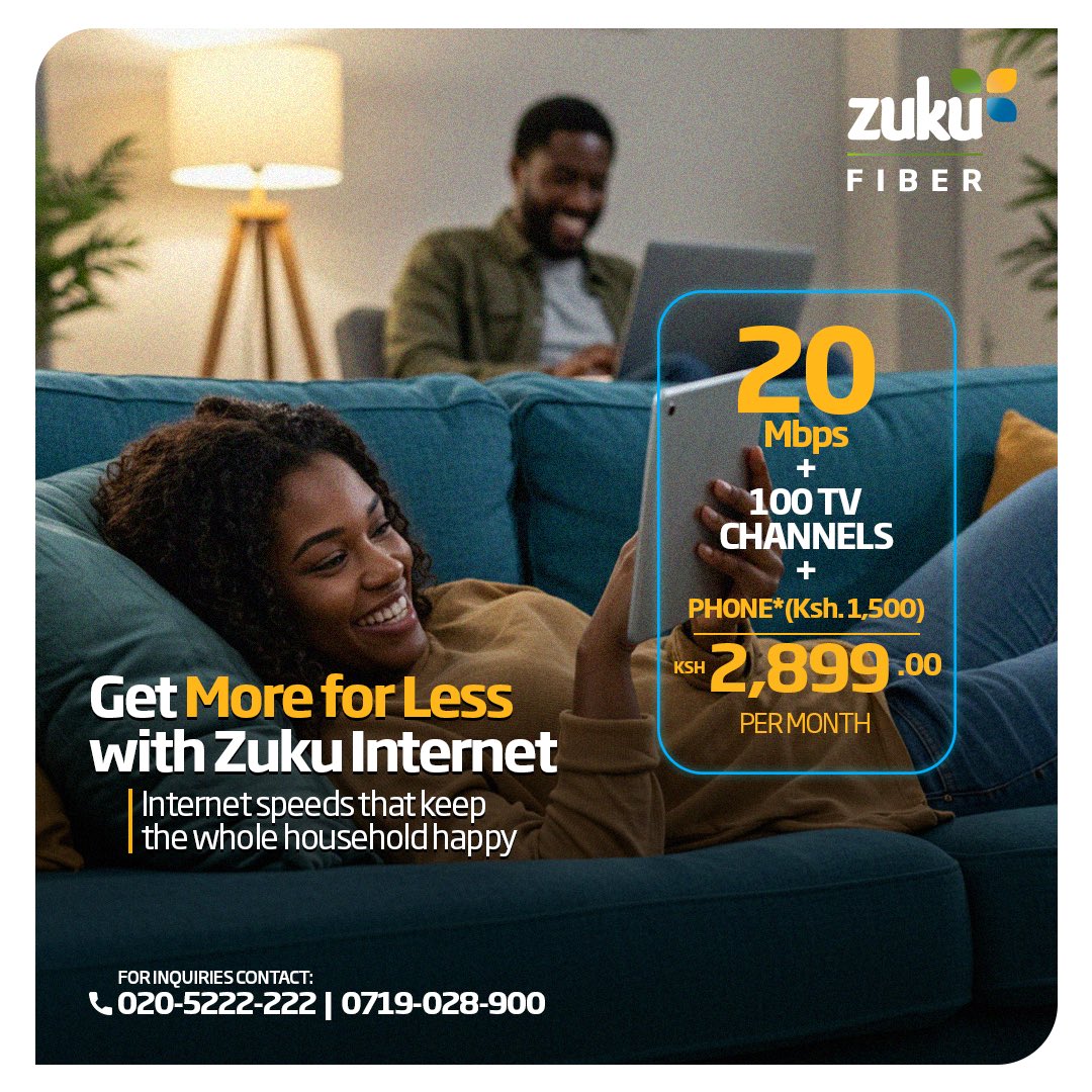 Tuna-upgrade lifestyle na ZUKU fiber!

For just KES  2899, enjoy internet speeds of up to 20Mbps and  epic TV shows.

Subscribe today: zuku.co.ke/dc/ and upgrade your home entertainment!
#GetMoreForLess