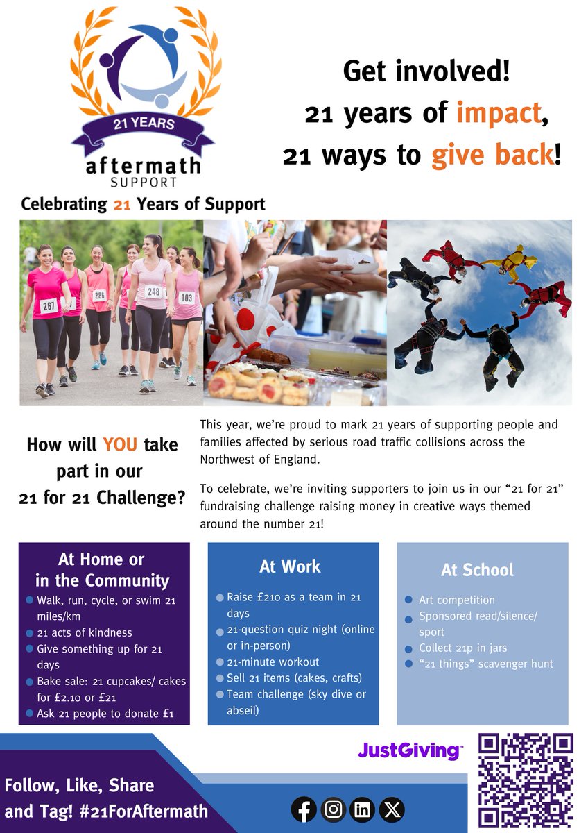 aftermathsupp's tweet image. We&apos;re celebrating 21 years of Aftermath Support 🎉Providing vital care to those affected by serious RTCs across the Northwest. Join us as we honour stories, raise funds and look to the future. 🌟
To donate: justgiving.com/campaign/after…
#21ForAftermath #AftermathSupport