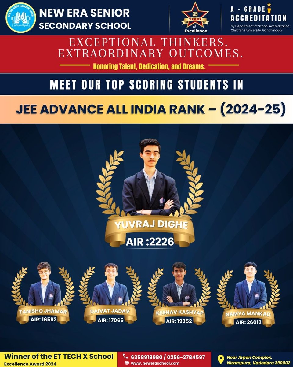 newerabaroda's tweet photo. New Eraites Shine Bright with Stellar Results in JEE Advanced 2025!
#NewEraSeniorSecondarySchool #newerarocks #nesss #VadodaraNewsOnline #vadodaranews #paruluniversity #JEEAdvanced2025 https://t.co/gqM4t1W6a6