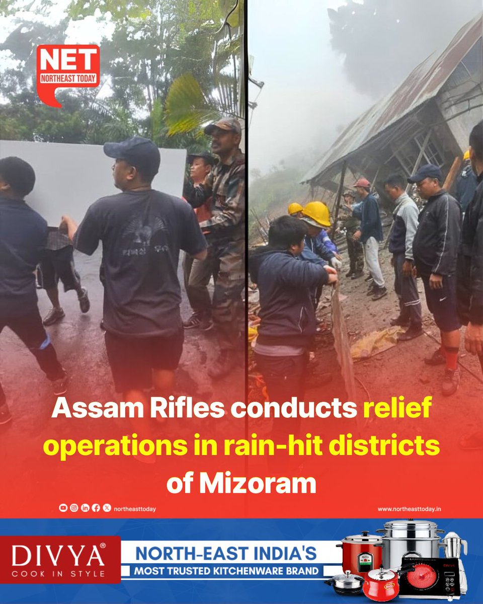 #Mizoram | Heavy rains and strong winds have caused widespread damage across several districts of Mizoram, particularly in Lawngtlai and Lunglei. In response, Assam Rifles, in coordination with the State Disaster Response Force (SDRF) and Civil Society Organisations (CSOs),