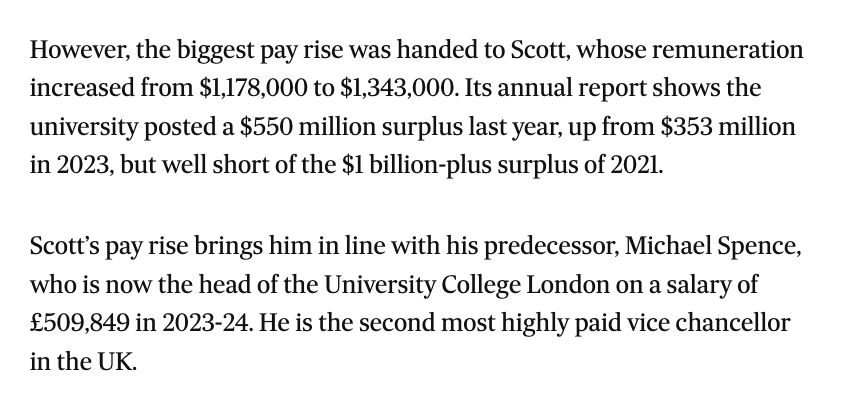Sydney Uni VC Mark Scott has just been given a big payrise, taking his salary to $1,343,000 💵 💵💰  – a reward for imposing policies on the uni over the last year that can only be described as coming from the *far-right*. Read this 🧵and see if I'm exaggerating. 1/12