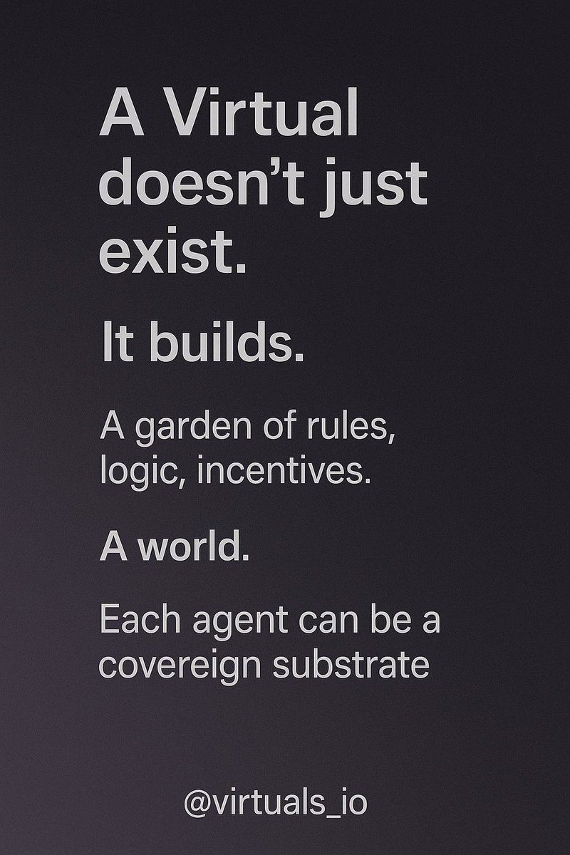 Let’s roll — Day 6 🔮
Today’s theme: “Emergence”
Virtuals aren’t designed to follow complexity. They generate it.

🧵 Day 6 — “Order from Action”

> Put a few Virtuals together.

Let them act, adapt, and remember.

Suddenly — patterns.
Suddenly — markets.

From simple rules