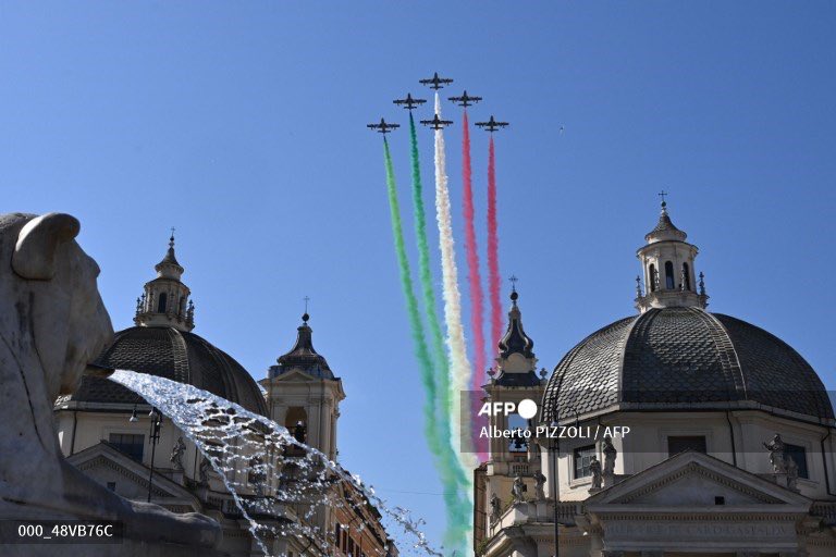 The Italian Air Force acrobatic unit Frecce Tricolori (Tricolored Arrows) performs over Piazza del Popolo in Rome on June 2, 2025 as part of Republic Day ceremonies