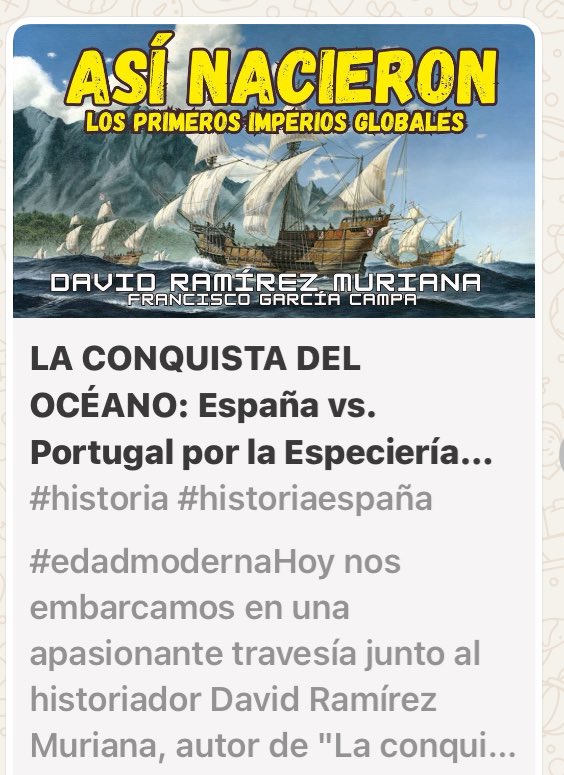 España en el mar (@espanaenelmar) on Twitter photo Esta noche a las 22:00h estaré en <a href="/bellumartis/">BELLUMARTIS</a> hablando de la expansión oceánica en la época de las GRANDES EXPLORACIONES GEOGRÁFICAS al comienzo de la Edad Moderna.
Os espero.
youtube.com/live/iEbTmjyxJ… Esta noche a las 22:00h estaré en <a href="/bellumartis/">BELLUMARTIS</a> hablando de la expansión oceánica en la época de las GRANDES EXPLORACIONES GEOGRÁFICAS al comienzo de la Edad Moderna.
Os espero.
youtube.com/live/iEbTmjyxJ…