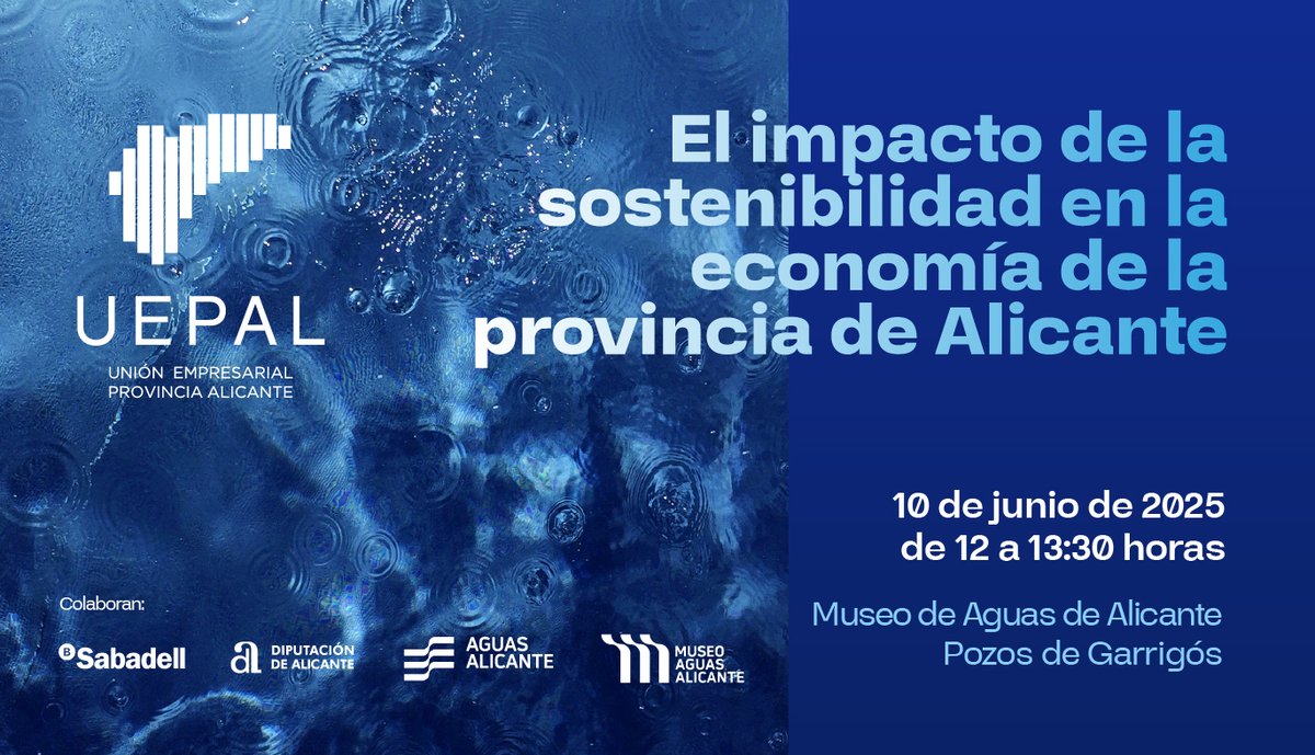 UEPAL ALICANTE (@uepal_alc) on Twitter photo Foro: 'El impacto de la sostenibilidad en la economía de la provincia de Alicante' ♻️
Participantes:
🗓️10 de junio de 2025
🕧12:00 a 13:30 horas.
📍Museo de <a href="/AMAEM_Oficial/">Aguas de Alicante</a> -Los Pozos de Garrigós.
Inscripciones: forms.gle/dCVGS9zUv7uDCh… Foro: 'El impacto de la sostenibilidad en la economía de la provincia de Alicante' ♻️
Participantes:
🗓️10 de junio de 2025
🕧12:00 a 13:30 horas.
📍Museo de <a href="/AMAEM_Oficial/">Aguas de Alicante</a> -Los Pozos de Garrigós.
Inscripciones: forms.gle/dCVGS9zUv7uDCh…