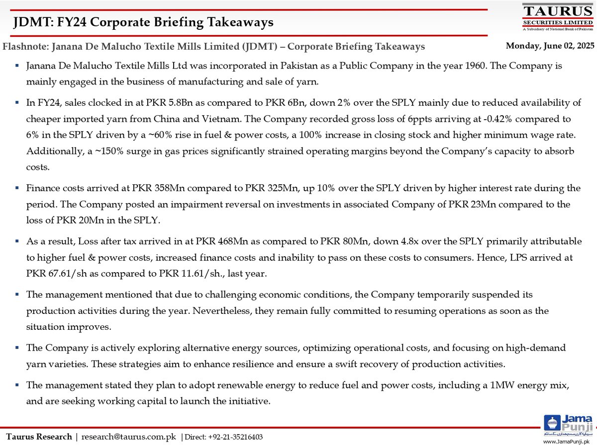 TSL_Research's tweet image. Janana De Malucho Textile Mills Limited (JDMT) – Corporate Briefing Takeaways
Click Link for More Details : shorturl.at/yErEl

#JDMTResults #PakistanTextile #EnergyCosts #ProductionSuspension #renewableenergy #JDMT #TextileMills