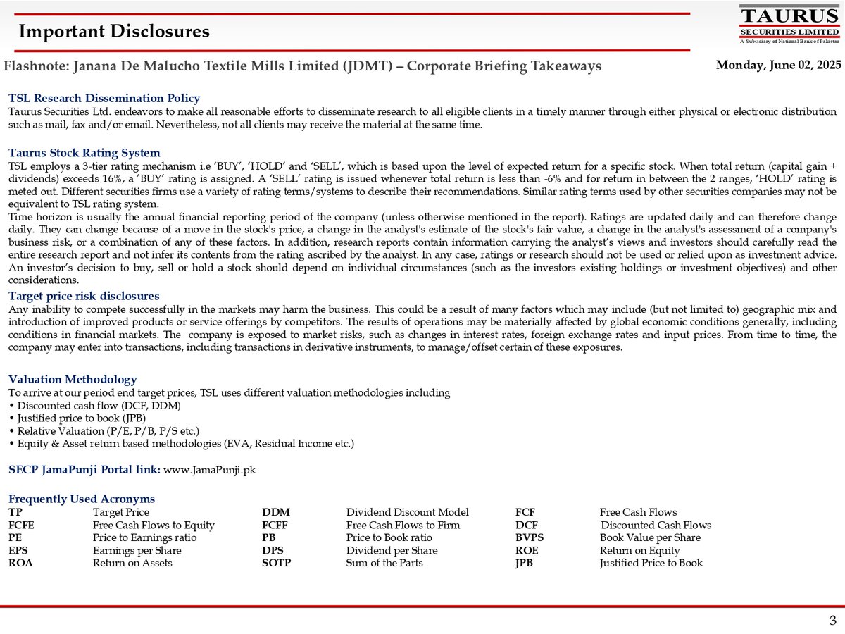 TSL_Research's tweet image. Janana De Malucho Textile Mills Limited (JDMT) – Corporate Briefing Takeaways
Click Link for More Details : shorturl.at/yErEl

#JDMTResults #PakistanTextile #EnergyCosts #ProductionSuspension #renewableenergy #JDMT #TextileMills