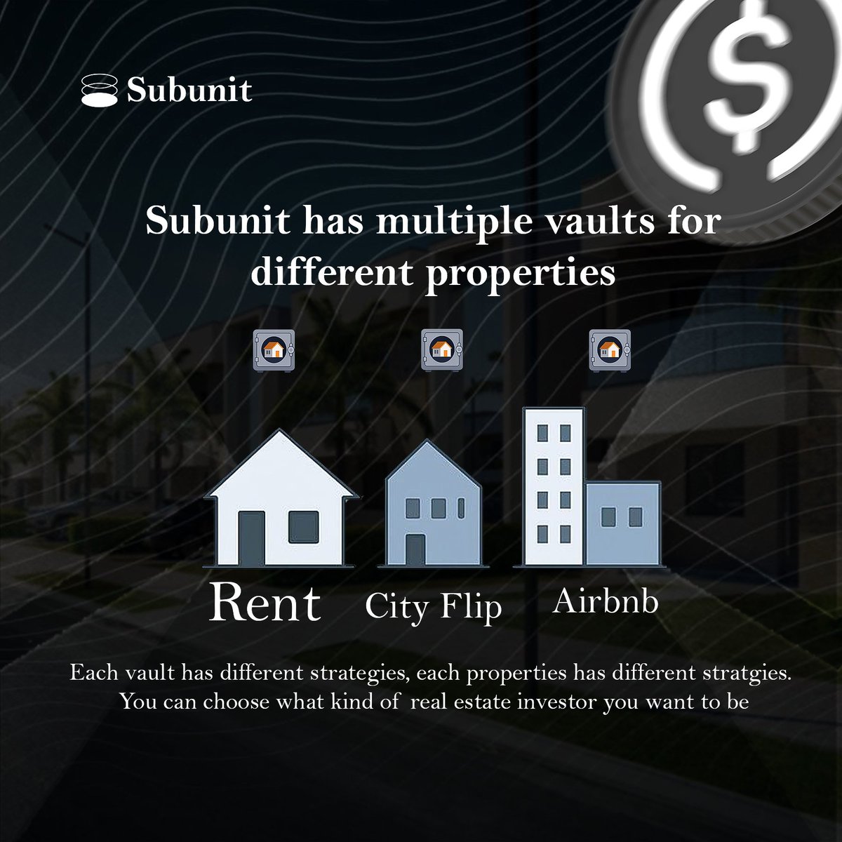 iamrealolayemi's tweet image. The cool part is that, It’s not just one house.

@Subunit_xyz has multiple vaults for different real estate projects.

Each vault = different property, different strategies.

You choose what kind of real estate investor you want to be.

Maximum transparency.

#SubunitSubvault