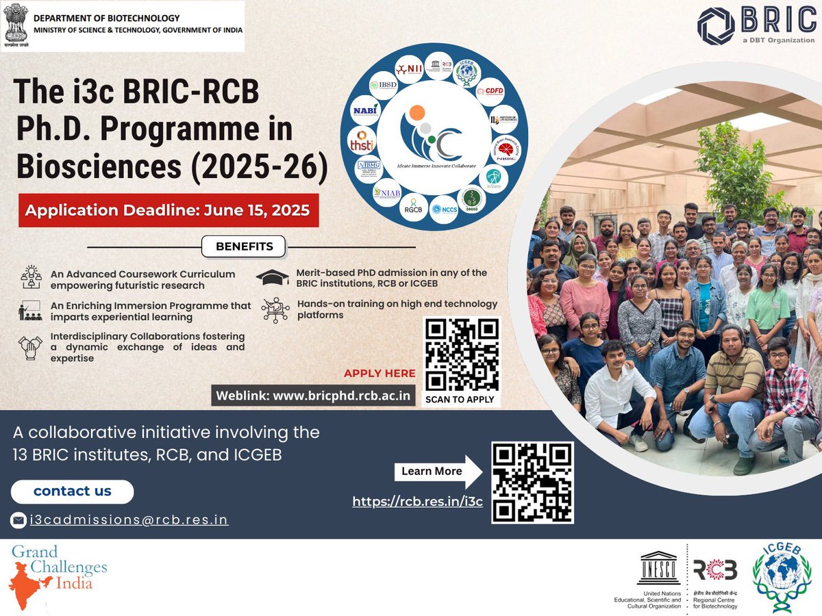 ICGEB, New Delhi (@icgebnewdelhi) on Twitter photo Applications Open!
The i3c BRIC-RCB Ph.D. Programme in Biosciences (2025–26) is now accepting applications!
Designed to train the next generation of scientific leaders in India, this prestigious programme brings together world-class research institutions, with <a href="/ICGEBNewDelhi/">ICGEB, New Delhi</a> Applications Open!
The i3c BRIC-RCB Ph.D. Programme in Biosciences (2025–26) is now accepting applications!
Designed to train the next generation of scientific leaders in India, this prestigious programme brings together world-class research institutions, with <a href="/ICGEBNewDelhi/">ICGEB, New Delhi</a>
