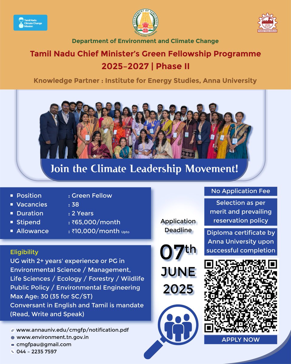 tnclimatechange's tweet photo. Join the Tamil Nadu Chief Minister’s Green Fellowship – Phase 2!
Passionate about climate action?
Work on ground-level environmental projects across Tamil Nadu.
Be a Green Fellow. Be the change.
#GreenFellowship #CMGFP #ClimateActionTN #EnvironmentTN #ApplyNow
#hiring #job https://t.co/trmL4mXt2k