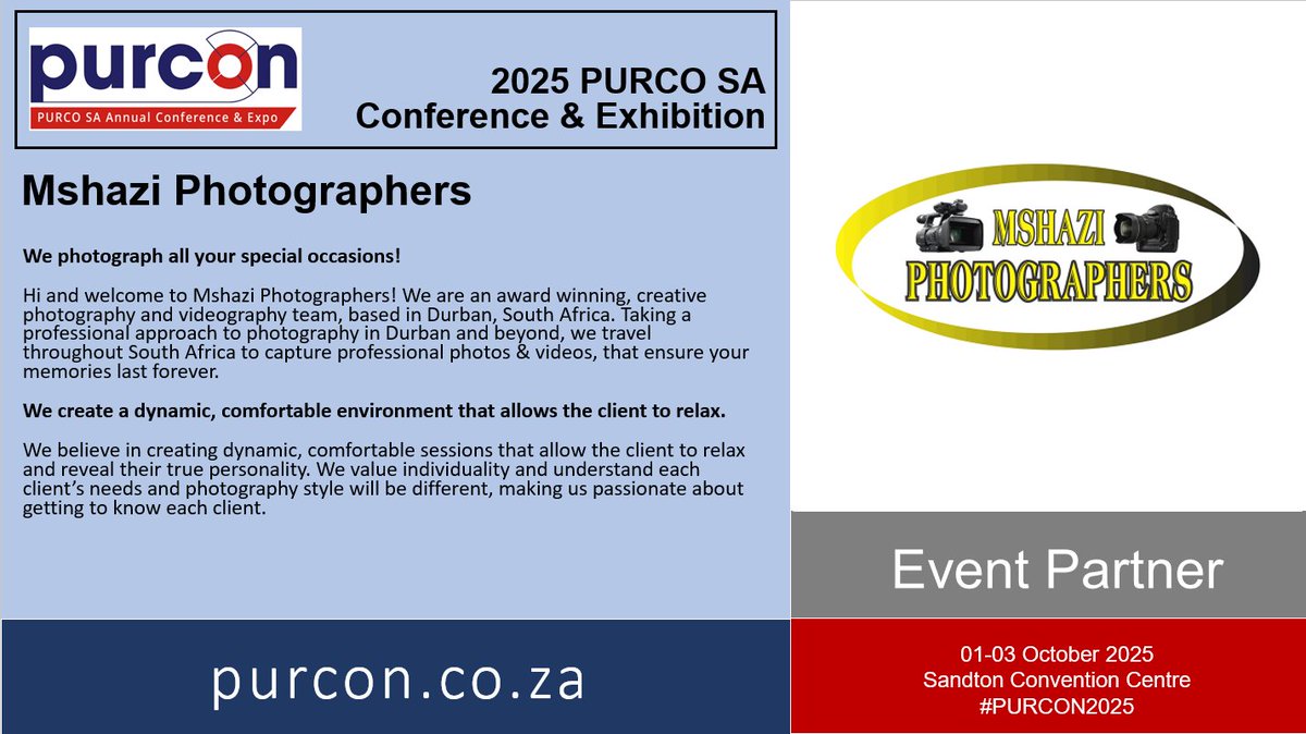 Exciting news! Mshazi Photographers are joining us as a BRONZE event partner at #PURCON2025! 
We can't wait to welcome them and other amazing exhibitors at the PURCO SA Conference &amp; Exhibition, happening 01-03 October 2025 at the Sandton Convention Centre.
purcon.co.za