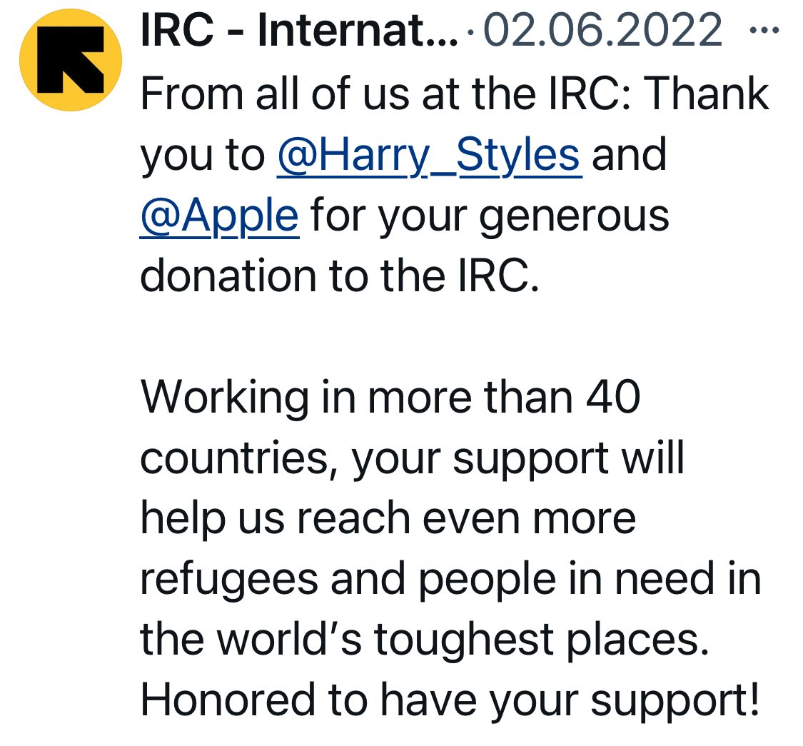 🕰️ | Three years ago, on June 2nd 2022, <a href="/Harry_Styles/">Harry Styles.</a> starred in Apple’s AirPods commercial, and instead of being paid himself, he asked that the company donate his artist fee to the International Rescue Committee(IRC), an organization focused on aiding refugees across the world.
