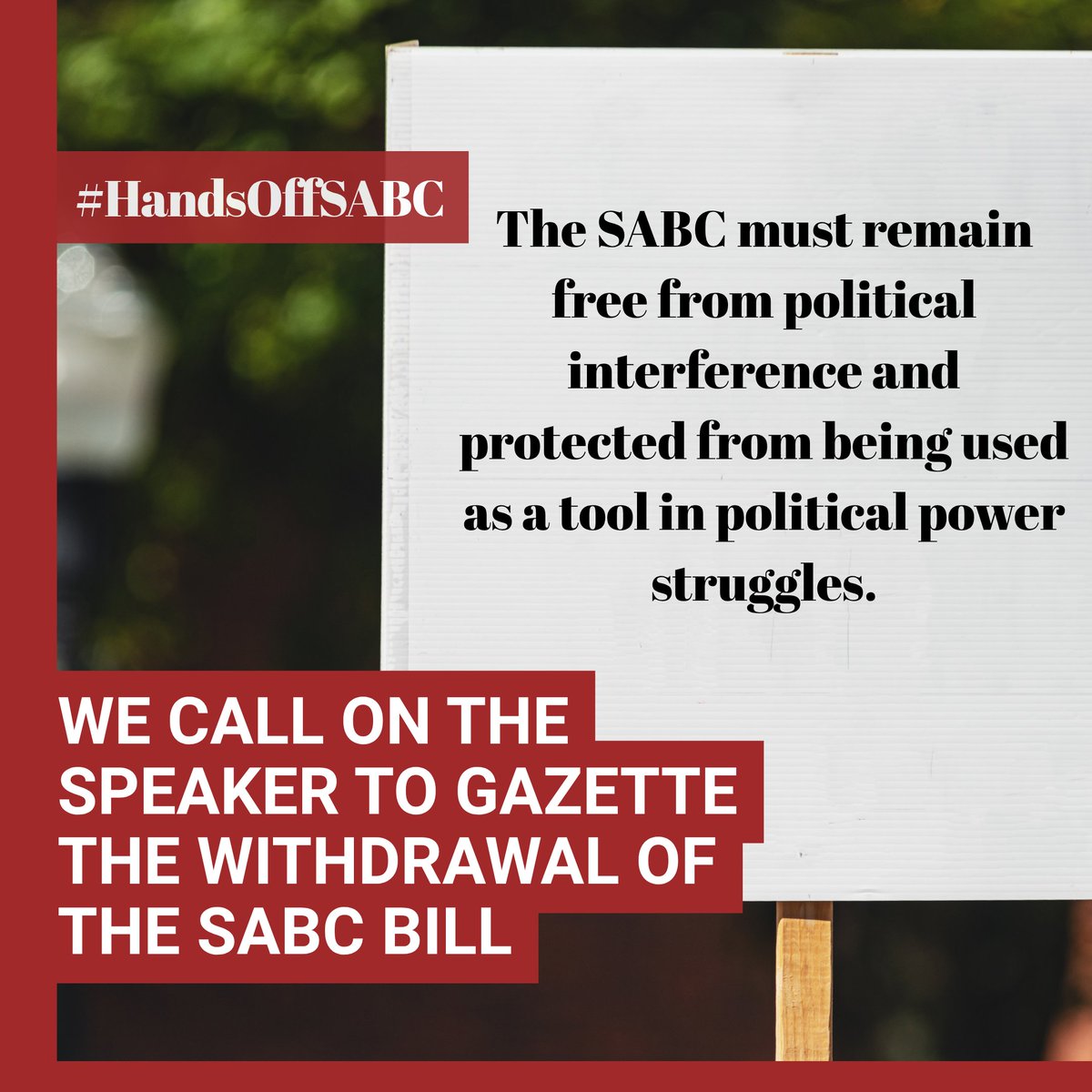 SOSCoalition's tweet photo. The continued delay in officially gazetting the withdrawal of the SABC Bill poses a serious threat to the sustainability, independence, and integrity of the SABC. A delay in withdrawal inevitably results in a delay in amending the Bill while the SABC continues to function under severe financial constraints. As our national public broadcaster, the SABC plays a critical role in informing, educating, and empowering the public, especially underserved communities. It must remain free from political interference and protected from being used as a tool in political power struggles.

We urge the Speaker of the National Assembly to act in the public interest by formally gazetting the withdrawal of the Bill. The future of public broadcasting and the democratic right to access credible, independent information depends on it.

#HandsOffSABC #SOSCoalition #SABCBill
