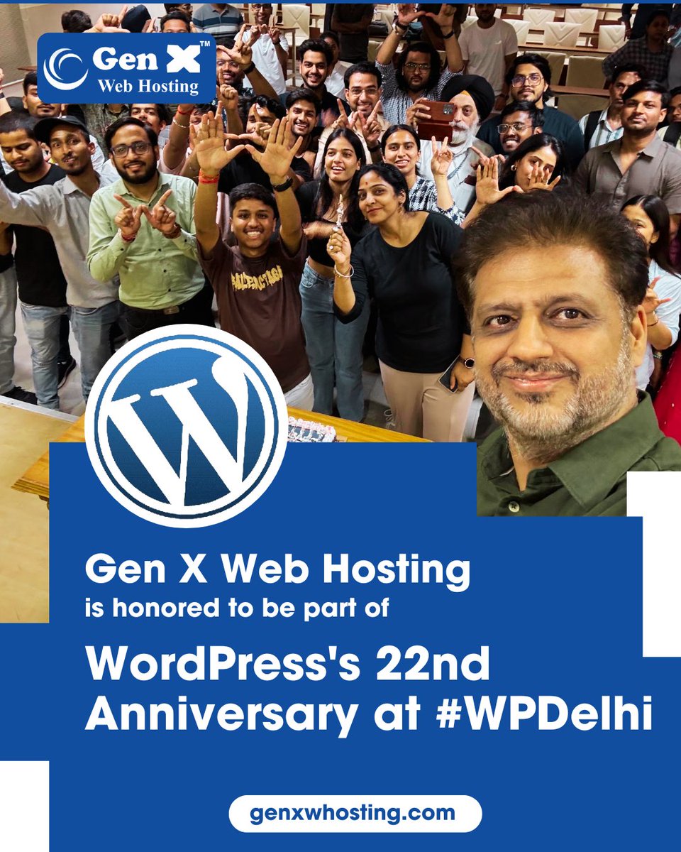 GenXWebHosting's tweet image. 🎉 Proud to sponsor the WordPress 22nd Anniversary Meetup in Delhi!
From code to cake, Gen X Web Hosting celebrated with the amazing WP community 💙
Here’s to many more years of open-source magic! 🚀

#WordPress22 #GenXWebHosting #WPDelhi #WPAnniversary