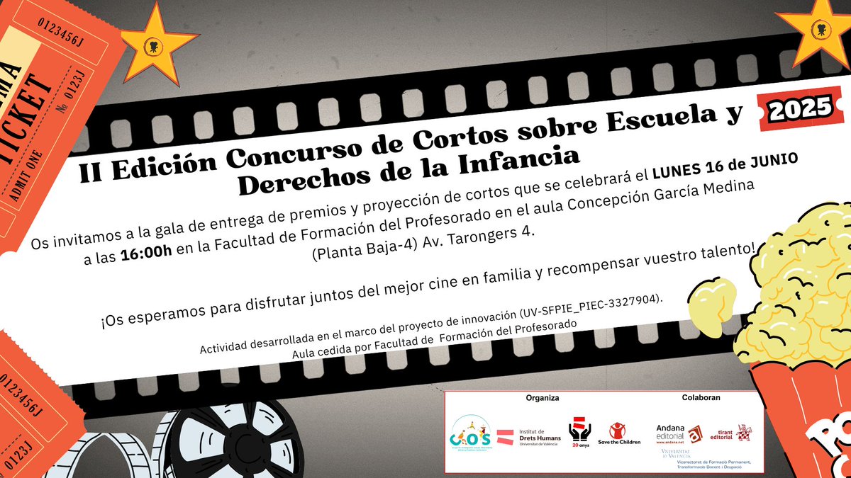 CosGrup's tweet image. 📽️Os invitamos a la gala de entrega de premios y proyección de cortos de la II Edición Concurso de Cortos Escuela y Derechos de la Infancia 2025!
Lunes 16 de junio 16:00 Fac de Formació de Professorat @UV_EG😊@CosGrup @IDHUV @SaveChildrenCV @sfpieuv @andanaeditorial  @Tirant_ESP