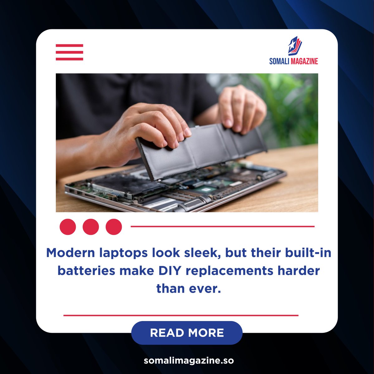 Sommagazine1's tweet image. Built-In Batteries: Why Changing Your Laptop’s Power Source Now Requires a Pro

#LaptopTips #BatteryReplacement #TechSimplified #LaptopCare #DIYTech #GadgetMaintenance #ModernTech #batterylife

somalimagazine.so/built-in-batte…