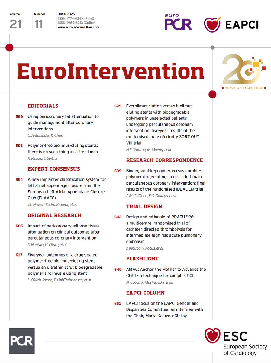 NEW ISSUE OUT!
📌 New LAAC implanter classification
 system; 
📌 Measuring PCAT attenuation;
 
📌 5-year follow-up of the SORT OUT VIII, IX and
 IDEAL-LM trials; 
📌 Catheter-directed thrombolysis vs 
anticoagulation in PE; 
 and much more
#EAPCI 
ow.ly/Wll350W2kLw