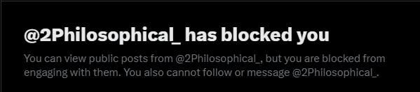 Found this due to shamelessly having Grok look up pragmatism discussions. 

It feels weird to get the block from philosophy accounts for pretty politely discussing philosophy. I'm a simple dude; I just wanna read about/drunkenly advocate for philosophical pragmatism. 

*sigh*