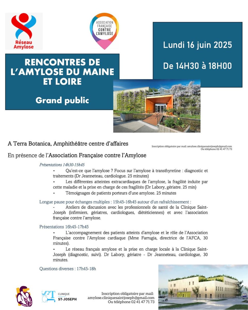 Association Française contre l'Amylose (@afcacontact) on Twitter photo 📣 Participez à une demi-journée d’info sur l’#amylose !
📅 Lun. 16 juin (après-midi)
📍 Terra Botanica, Angers
🎟 Gratuit, ouvert à tous : patients, proches, curieux
🔎 Infos + échanges avec experts
📧 Inscription : amylose.cliniquesaintjoseph@gmail.com 📣 Participez à une demi-journée d’info sur l’#amylose !
📅 Lun. 16 juin (après-midi)
📍 Terra Botanica, Angers
🎟 Gratuit, ouvert à tous : patients, proches, curieux
🔎 Infos + échanges avec experts
📧 Inscription : amylose.cliniquesaintjoseph@gmail.com