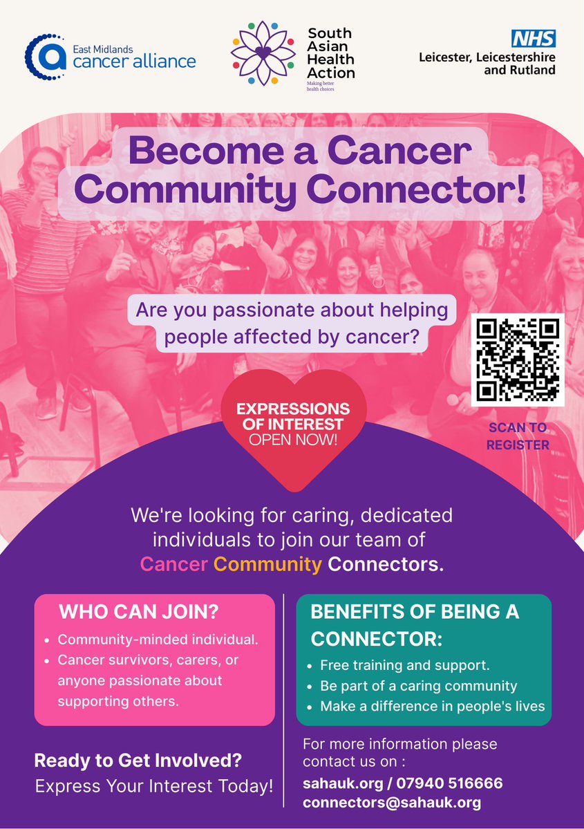 NHS Leicester, Leicestershire and Rutland (@nhs_llr) on Twitter photo AAre you passionate about helping people affected by cancer?
Could you be a Cancer Community Connector?
Find out more by contacting South Asian Health Action:
sahauk.org
Email connectors@sahauk.org
Phone 07940 516666 AAre you passionate about helping people affected by cancer?
Could you be a Cancer Community Connector?
Find out more by contacting South Asian Health Action:
sahauk.org
Email connectors@sahauk.org
Phone 07940 516666