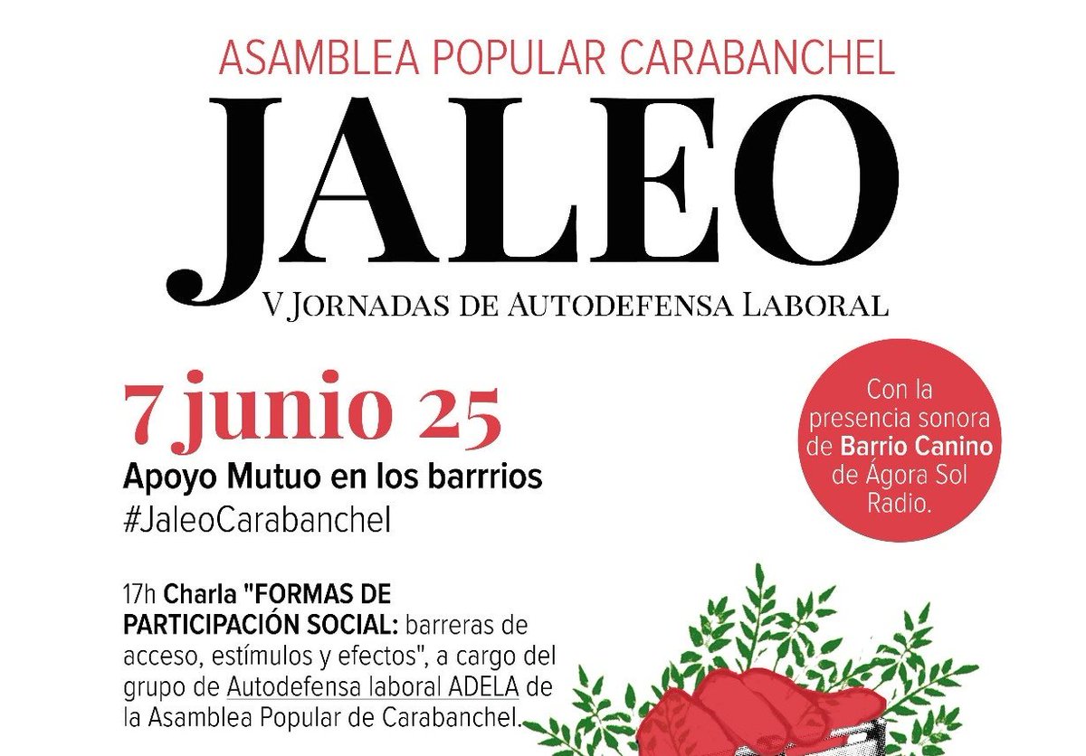 El 7️⃣ de junio habrá #JaleoCarabanchel en el barrio en <a href="/EKO_Carabanchel/">ESLA Eko</a> y con la presencia sonora de <a href="/BarrioCanino/">Barrio Canino</a>
✊ Un espacio de aprendizaje sobre derechos laborales y #ApoyoMutuo.
La primera charla a las 17h inauguran la jornada nuestras compás de ADELA.
 ¡Te esperamos!