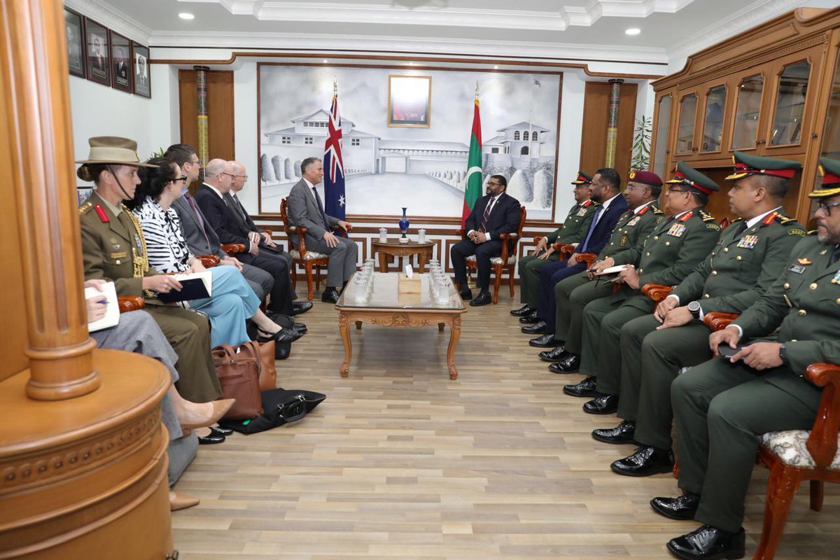 Ministry of Defence (@modmv) on Twitter photo Hon. Minister <a href="/mgmaumoon/">Mohamed Ghassan Maumoon</a> welcomed the Australia’s Deputy Prime Minister & Minister of Defence <a href="/RichardMarlesMP/">Richard Marles</a> & senior delegation to the Ministry of Defence.
Discussion focused on contemporary strategic & security challenges, & avenues for deepening defence cooperation between Hon. Minister <a href="/mgmaumoon/">Mohamed Ghassan Maumoon</a> welcomed the Australia’s Deputy Prime Minister & Minister of Defence <a href="/RichardMarlesMP/">Richard Marles</a> & senior delegation to the Ministry of Defence.
Discussion focused on contemporary strategic & security challenges, & avenues for deepening defence cooperation between