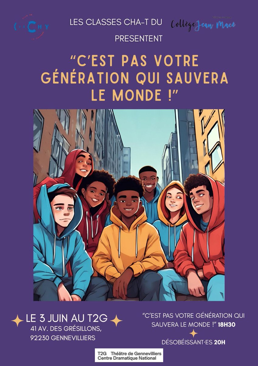 Les 4e et 3e théâtre du collège jouent demain (mardi 3/06) au T2G. Les pièces traitent de questions d'actualité. Rendez-vous à 18h30 pour les 4eme et 20h pour les 3eme. Venez nombreux !