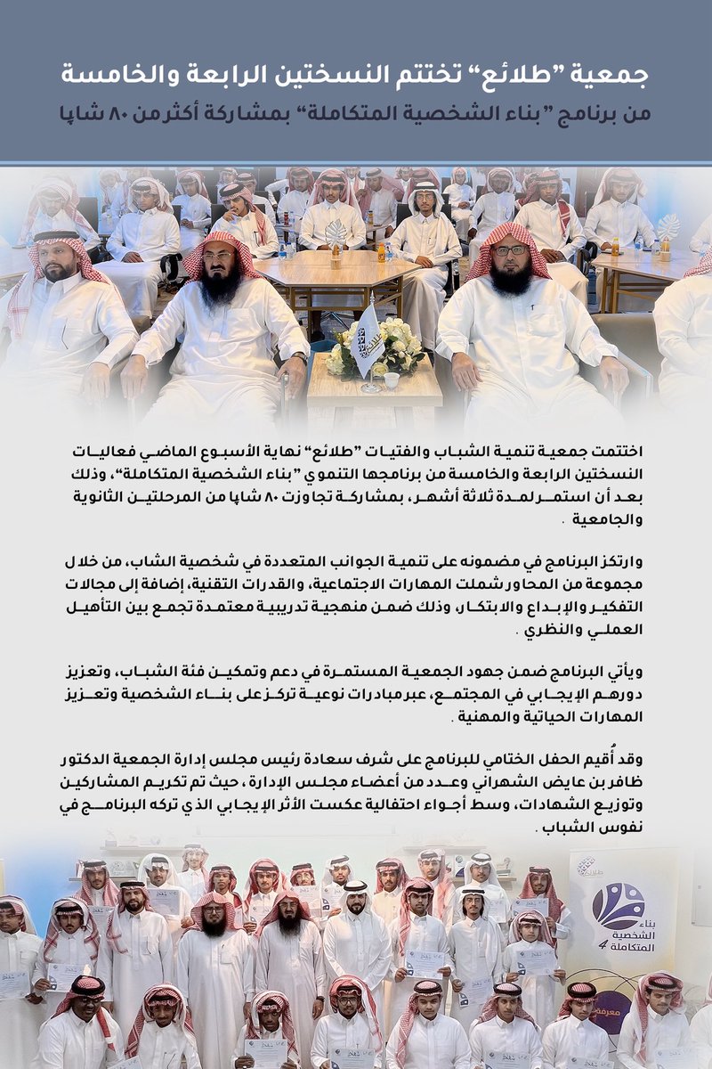 تختتم #جمعية_طلائع برنامج #بناء_الشخصية_المتكاملة بنسختيه الرابعة و الخامسة في حفله الختامي على شرف سعادة رئيس مجلس الإدارة الدكتور ظافر الشهراني و أعضاء مجلس الإدارة وتكريم اكثر من 80 شاب من المرحلتين الثانوية و الجامعية .

#البرامج_الشبابية 
#يحدث_في_بيشة