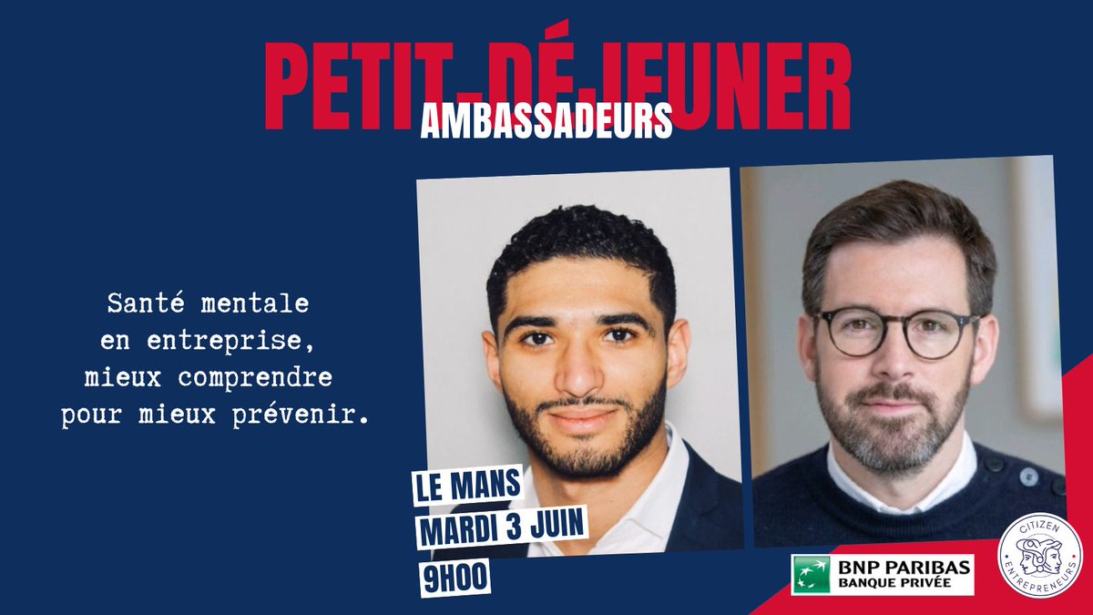 🕘 C’EST DEMAIN !
Le 3 juin à 9h | Le Mans

Vous êtes dirigeant, #RH, ou tout simplement concerné par le bien-être au travail ?
 Ne manquez pas notre petit-déjeuner thématique
 🧠 "#SantéMentale au travail : mieux comprendre pour mieux prévenir"

form.typeform.com/to/hohWKI7e