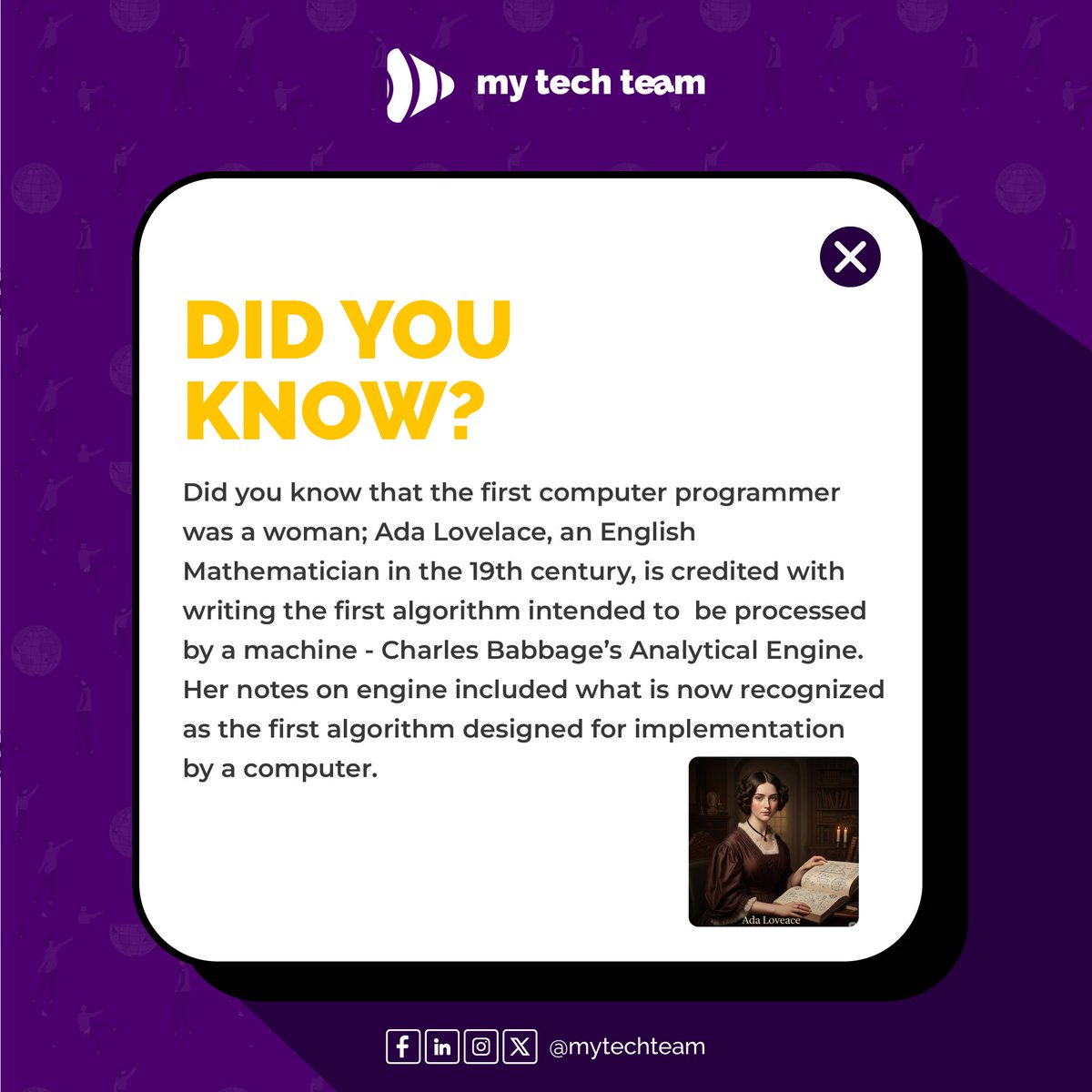 mytechteam's tweet image. Do you know...?
...the original tech visionary? 💻 Ada Lovelace, a brilliant English Mathematician, wrote the world's first algorithm for Charles Babbage's Analytical Engine. She paved the way for all modern computing. What an inspiration! #AdaLovelace
#CodingHistory
#MyTechTeam