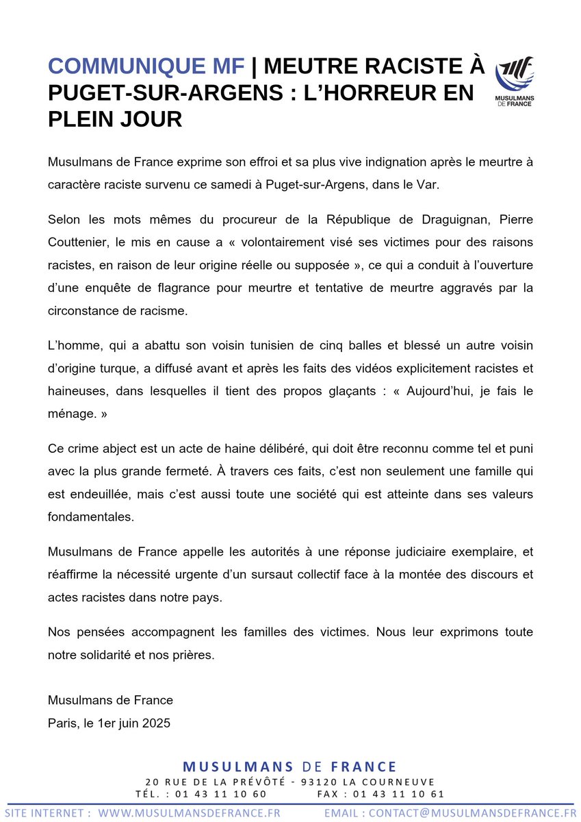 Communiqué MF | Meurtre raciste à Puget-sur-Argens : l’horreur en plein jour

Musulmans de France exprime son effroi et sa plus vive indignation après le meurtre à caractère raciste survenu ce samedi à Puget-sur-Argens, dans le Var.

Selon les mots mêmes du procureur de la